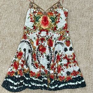 Camilla silk floral mini dress with rhinestone detail, size 2.
